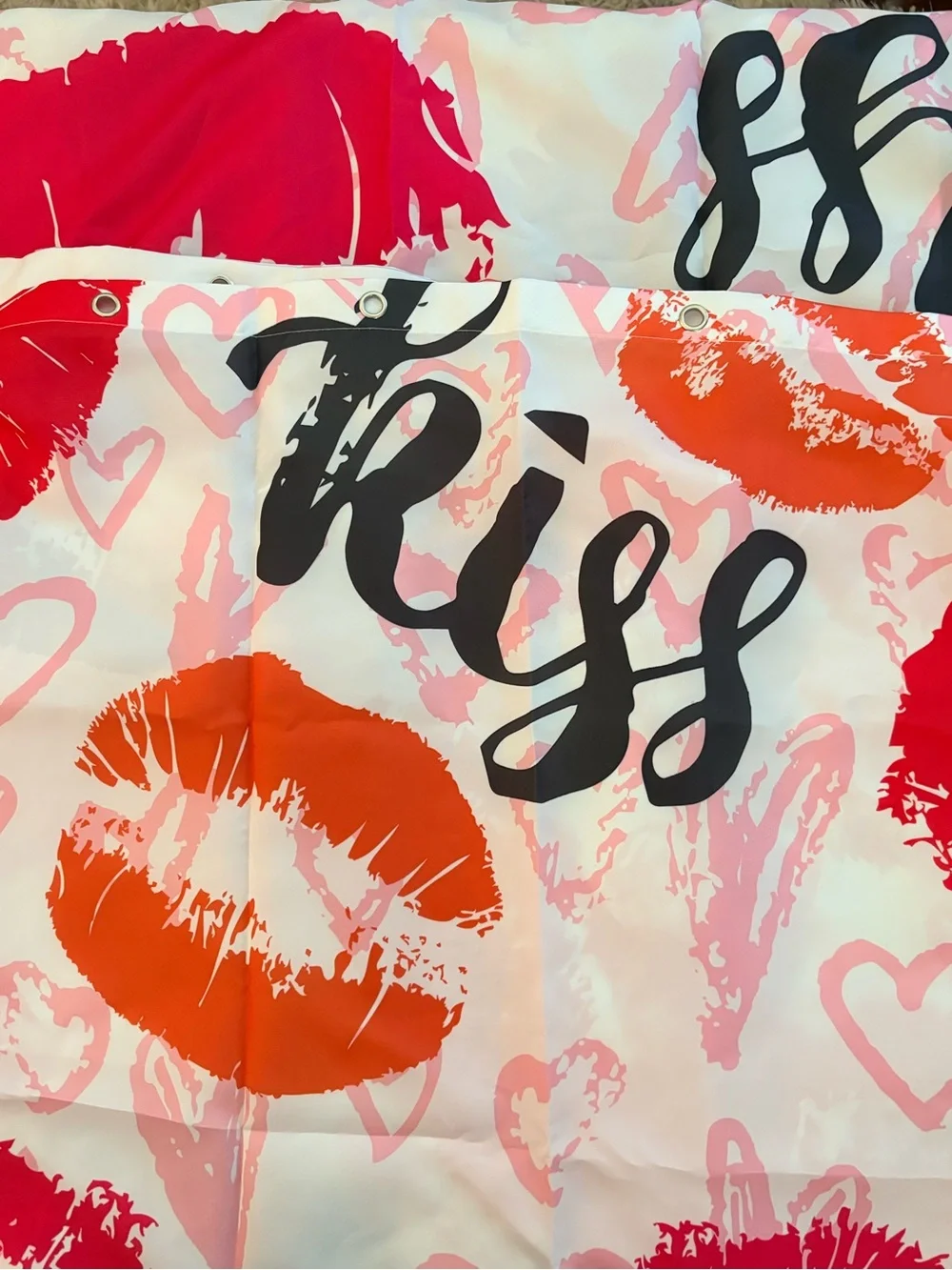 Shower Curtain Pink & Red Lip Print KISS with Hearts